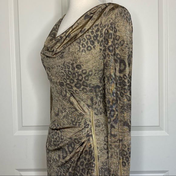 Cache Leopard Ruched Zipper Detail Dress Small Gold Brown Animal Print Stretch - Picture 5 of 12